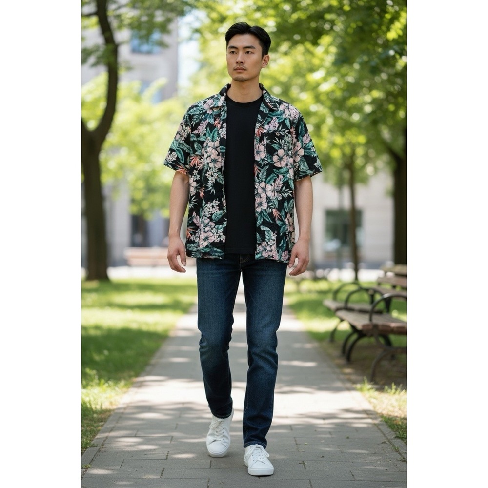 George Men's Hawaiian Camp‎ Shirt Black Floral Rayon Button Up XL NWT